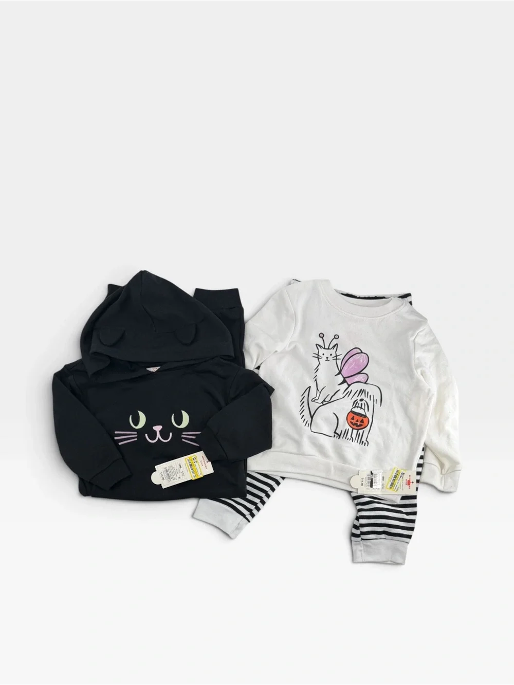 Kids Black Cat Hooded Sweatshirt & White Graphic Top Set-